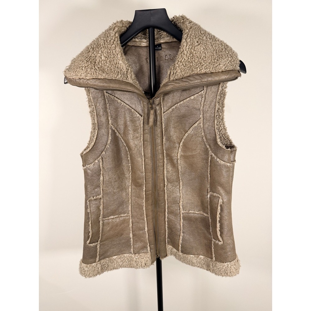 Tribal Faux Shearling Metallic Vest Brown Sherpa Lined Zip Front Size 8
